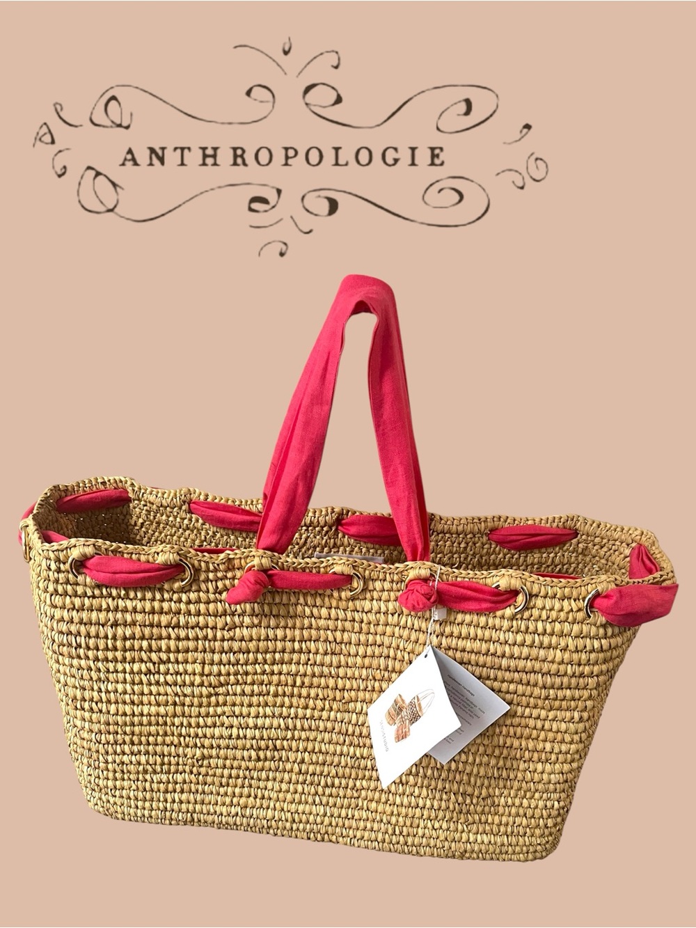 Sensi Studio for Anthropologie Rectangular Tote Bag with Raspberry Retail $504